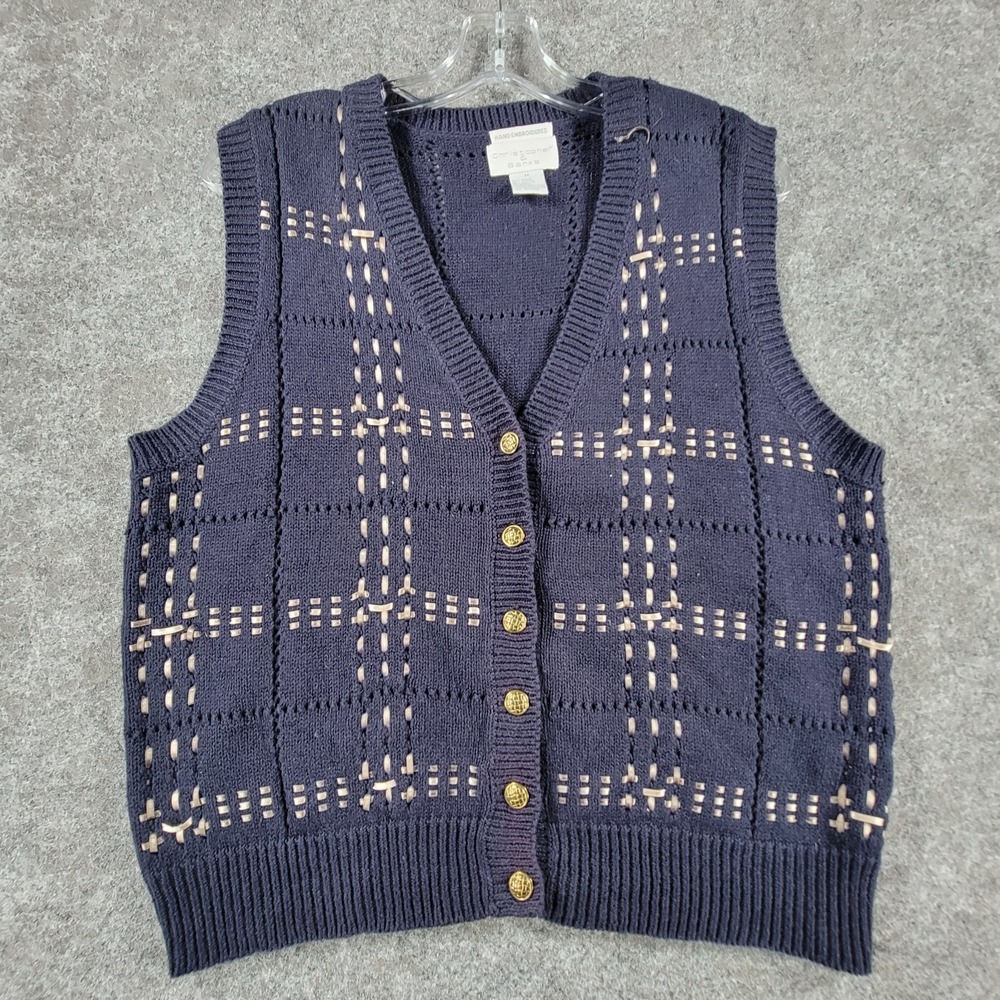 VTG Cristopher & Banks Sweater Vest Mens M Navy Blue Ramie Hand Embroidered